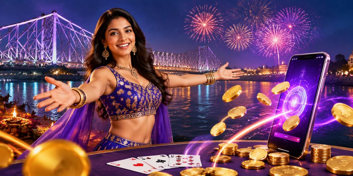 Happy Indian player registering online in front of Kolkata Howrah Bridge scenery